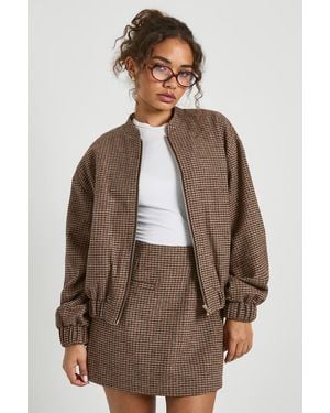 Boohoo Wool Look Flannel Bomber Jacket - Brown