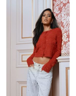 Boohoo Super Soft Eyelash Knit High Neck Cardigan - Rojo