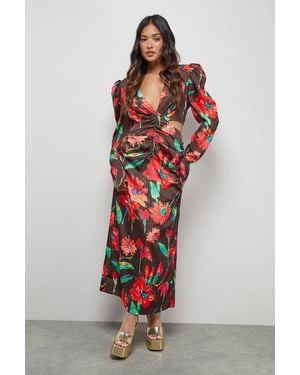 Warehouse Petite Satin Cut Out Waist Plunge Neck Midi Dress - Red