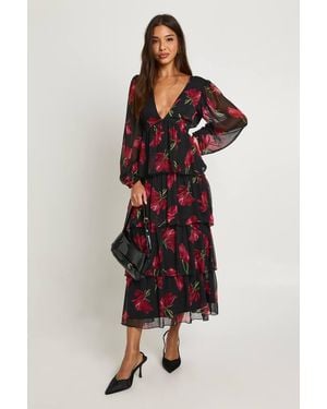 Boohoo Floral Chiffon Ruffle Midaxi Dress - Black