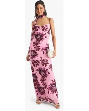 Boohoo Floral Chiffon Slip Dress With Neck Tie - Pink