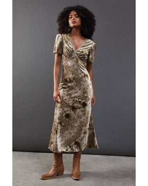 Warehouse Rose Velvet V Neck Midi Tea Dress - Gray