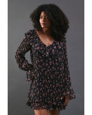 Warehouse Floral Pleated Chiffon V Neck Mini Swing Dress - Gray