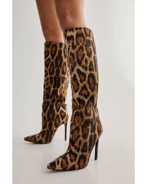 Nasty Gal Diamante Embellished Leopard Print Knee High Heeled Boot - Natural