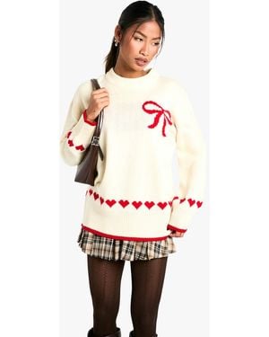 Boohoo Oversized Heart & Bow Sweater - White