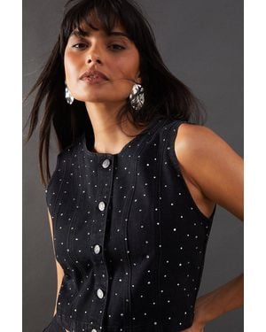 Warehouse Denim All Over Hotfix Button Waistcoat - Black
