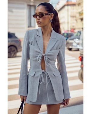 Boohoo Herringbone Tie Front Fitted Blazer - Blanco