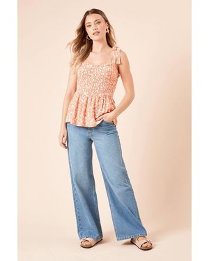 Dorothy Perkins Coral Ditsy Tie Shoulder Shirred Bodice Peplum Jersey Top - Blue