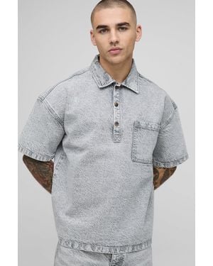 BoohooMAN 3/4 Sleeve Boxy Washed Rugby Denim Shirt - Gray