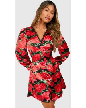 Boohoo Floral Lace Trim Smock Dress - Red