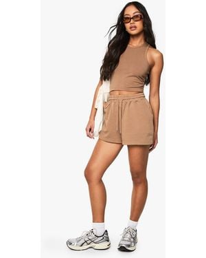 Boohoo Racer Top And Sweat Short Set - Brown