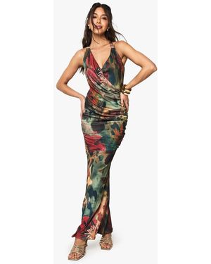 Boohoo Floral Halterneck Cowl Maxi Dress - Green