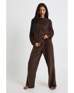 Boohoo Waffle Fleece Sweater & Sweatpants Lounge Set - Brown
