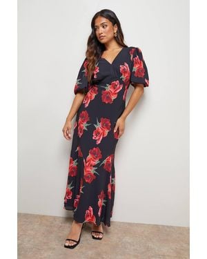 Oasis Petite Printed Chiffon Puff Sleeve Fishtail Midaxi Dress - Red