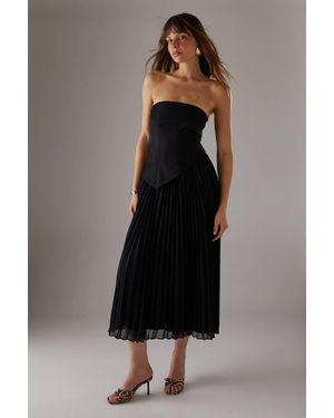 Warehouse Bandeau Bodice Pleated Chiffon Midi Dress - Black