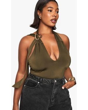 Boohoo Plus Halter Keyhole Ruched Side Top - Green