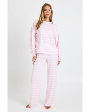 Boohoo Oversized Stripe Long Sleeve T-Shirt And Wide Leg Trouser Pyjama Set - Pink