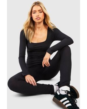 Boohoo Brushed Rib Square Neck Unitard - Black
