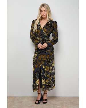 Oasis Floral Shoulder Pad Long Sleeve Midi Dress - Metallic