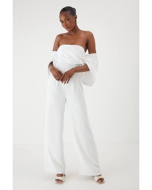 MissPap Bardot Volume Sleeve Wide Leg Jumpsuit - White
