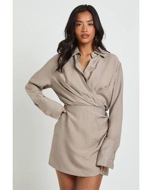 Boohoo Petite Collared Wrap Shirt Dress - Natural