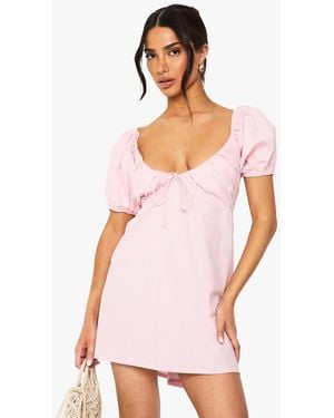 Boohoo Petite Poplin Puff Sleeve Mini Dress - Pink
