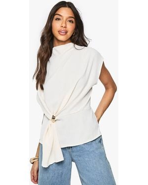Boohoo Trim Hammered Knot Front Blouse - White