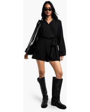 Boohoo Linen Look Wrap Over Tie Detail Playsuit - Black
