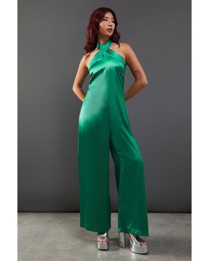 Warehouse Satin Halterneck Jumpsuit - Green
