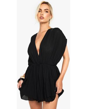 Boohoo Cheesecloth Plunge Layered Playsuit - Black