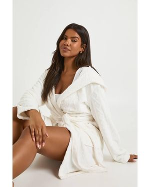 Boohoo Cable Knit Fleece Hooded Short Bathrobe/Robe - Natural