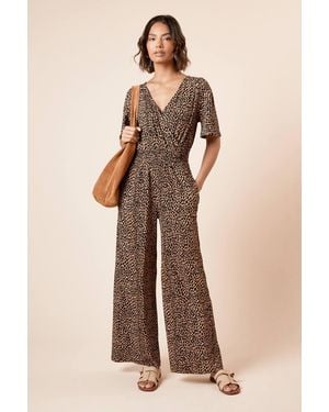 Dorothy Perkins Animal Wrap Front Angel Sleeve Jersey Jumpsuit - Natural