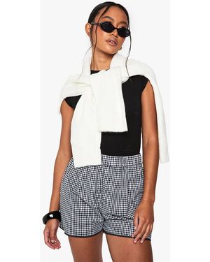 Boohoo Broderie Trim Gingham Flippy Shorts - White