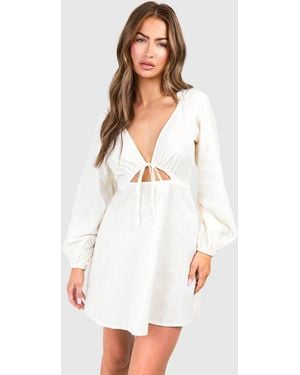 Boohoo Linen Look Tie Front Puff Sleeve Mini Dress - White