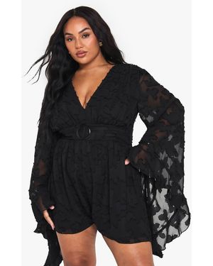 Boohoo Plus Textured Flare Sleeve Romper - Black
