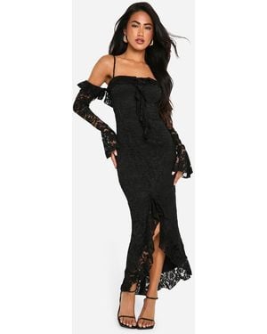 Boohoo Lace Ruffle Bardot Flare Sleeve Midaxi Dress - Black
