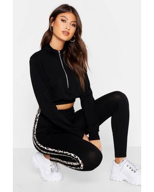 Boohoo Leopard Print Double Stripe Leggings - Black