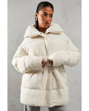 MissPap Tie Waist Midi Puffer Coat - Natural