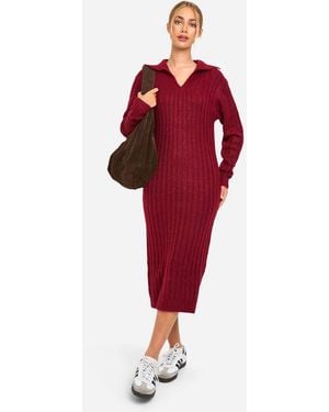 Boohoo Soft Knit Thick Rib Collar Detail Midaxi Dress - Red