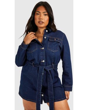 Boohoo Plus Denim Tie Belt Shift Dress - Blue