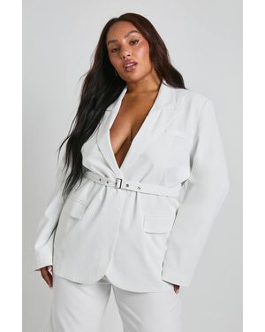 Boohoo Plus Tailored Tie Belt Wrap Blazer - White