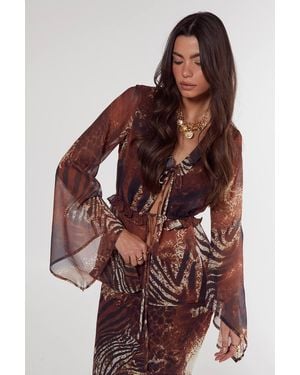 Nasty Gal Mixed Animal Crinkle Chiffon Ruffle Tie Front Blouse - Red