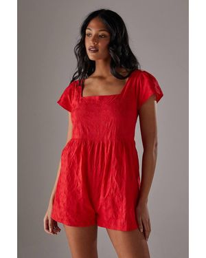 Warehouse Floral Cotton Square Neck Babydoll Romper - Red