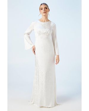 Oasis Peony Satin Jacquard Flare Sleeve Wedding Dress - White