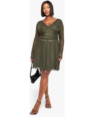 Boohoo Plus Plunge Corset Detail Long Sleeve Skater Dress - Green