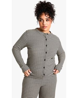 Boohoo Plus Stripe Long Sleeve Button Down Top - Gray