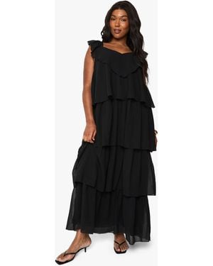 Boohoo Vestido Plus Maxi De Chifón Con Volante - Negro