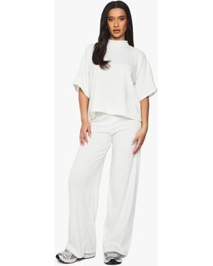 Boohoo Rib Oversized Short Sleeve Top & Wide Leg Trouser Set - White