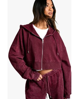 Boohoo Overdyed Boxy Crop Zip Through Hoodie - Red