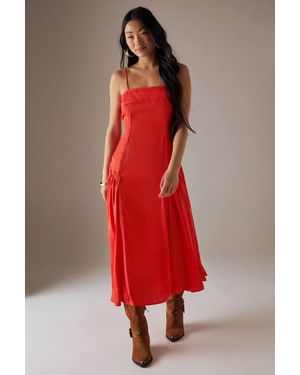 Warehouse Petite Satin Lace Trim Detail Godet Strappy Midi Dress - Red